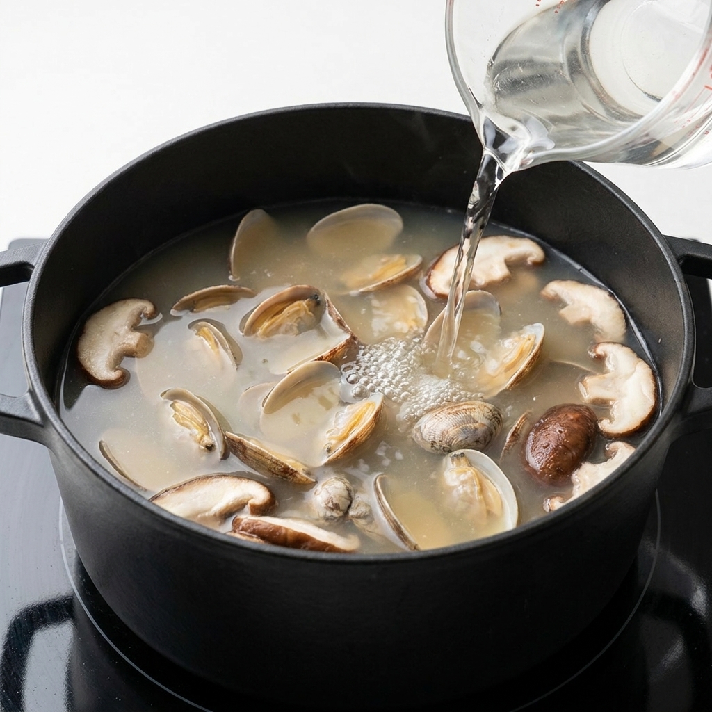 끓고 있는 국물에 맛술을 붓는 모습.