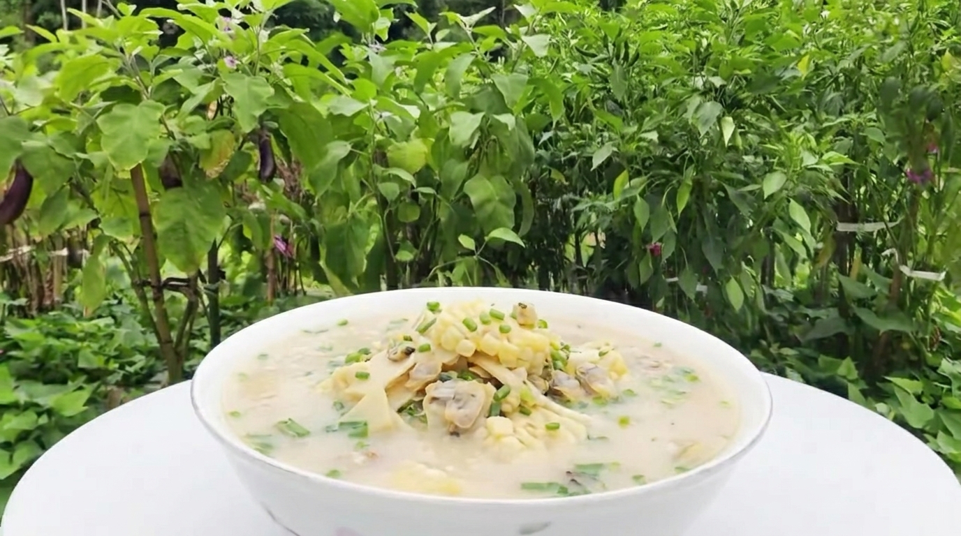 신선한 조개 옥수수 죽순 국