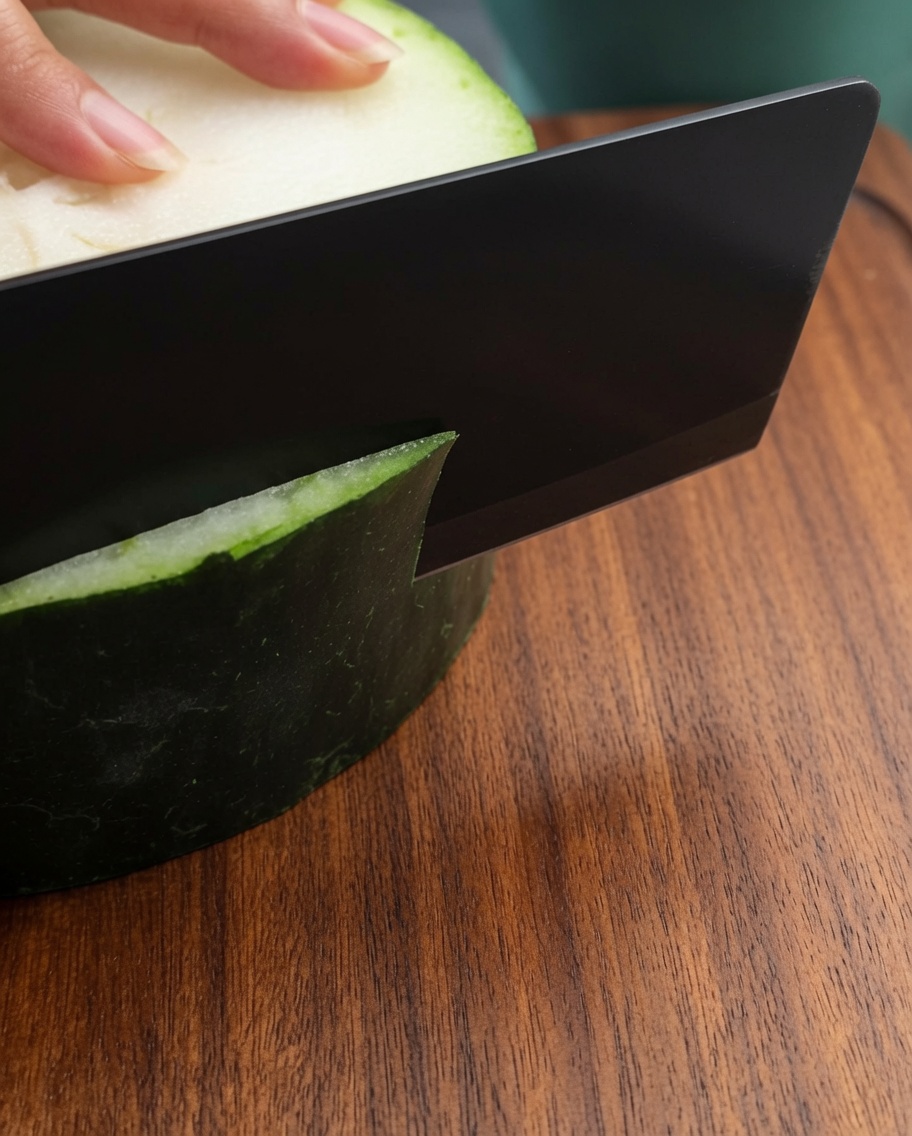 검은색 도마 위에서 요리용 칼로 신선한 동아를 써는 모습.