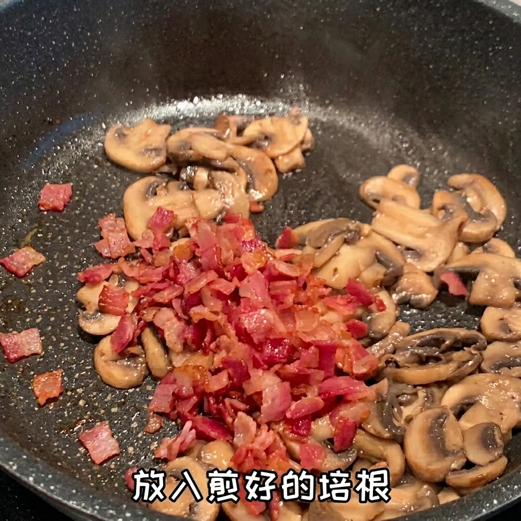 볶은 버섯, 베이컨, 생합이 팬에서 섞이는 모습.