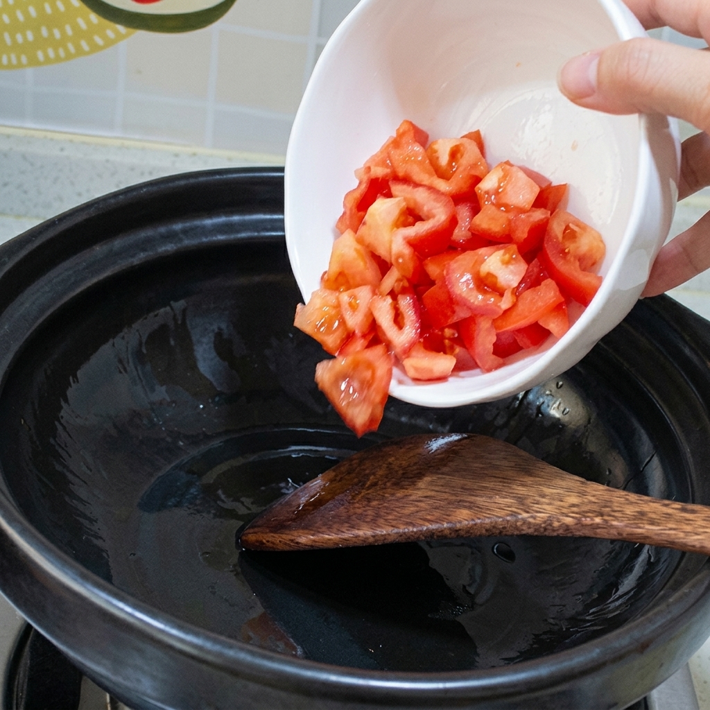 뜨거운 뚝배기에서 토마토가 부드러워지며 즙이 나올 때까지 볶는 모습.
