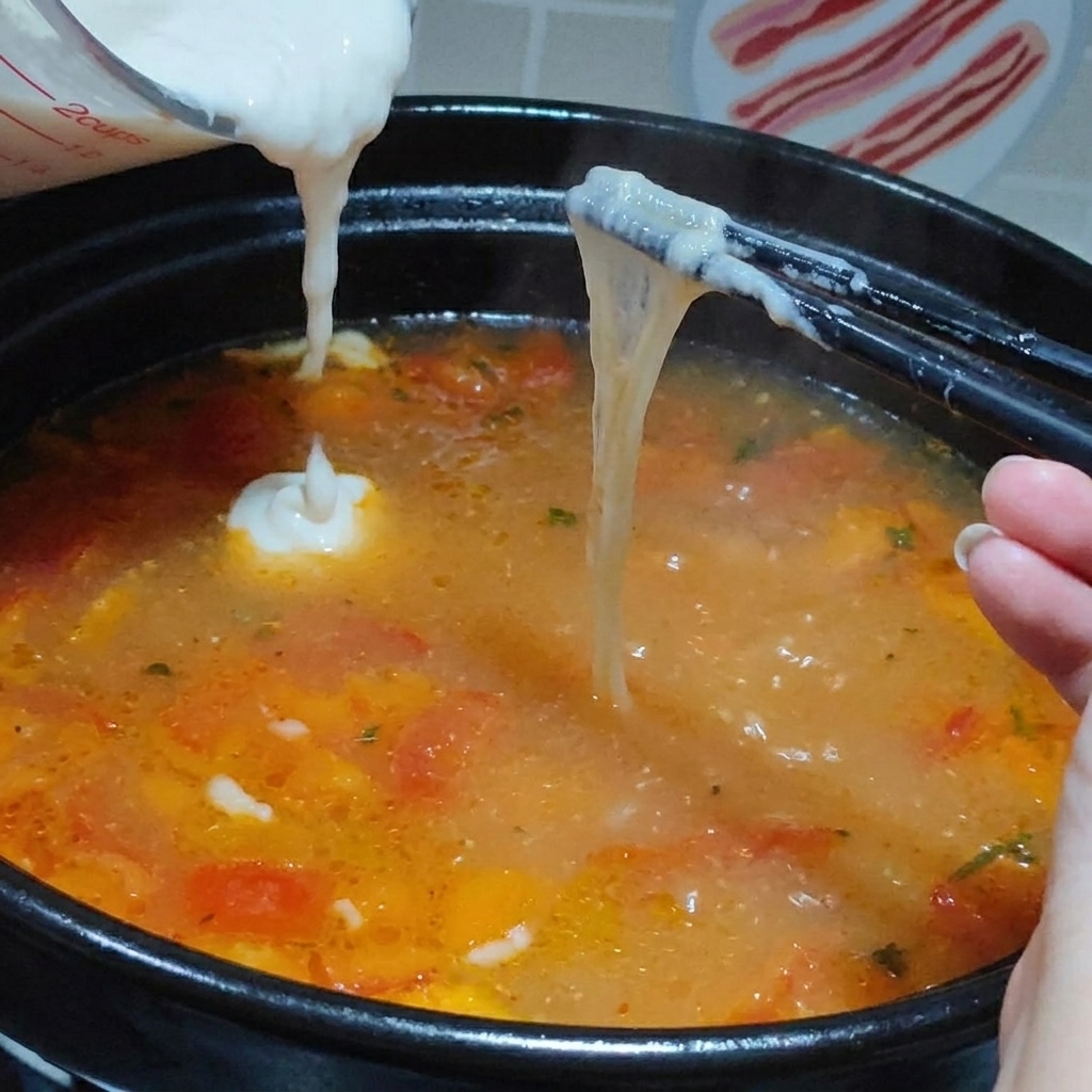 끓는 수프 국물에 반죽을 조금씩 떨어뜨려 모양을 잡는 모습.