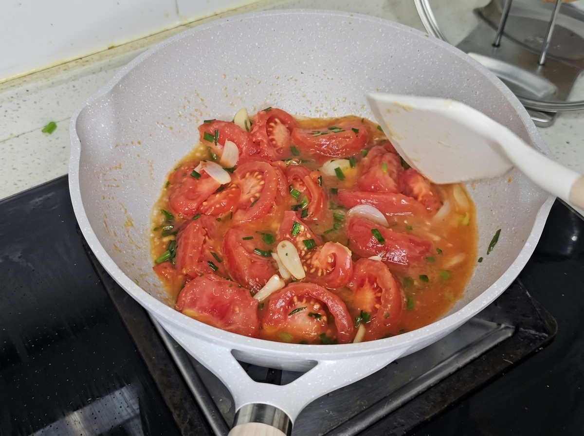 볶은 토마토 위에 뜨거운 물을 붓고 끓이는 모습.
