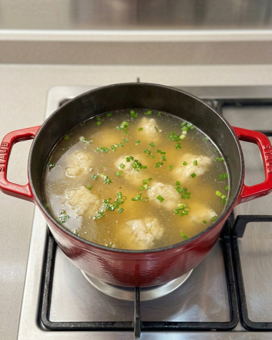 끓는 닭고기 육수에 밀가루 반죽 알갱이를 넣어 젓는 모습.
