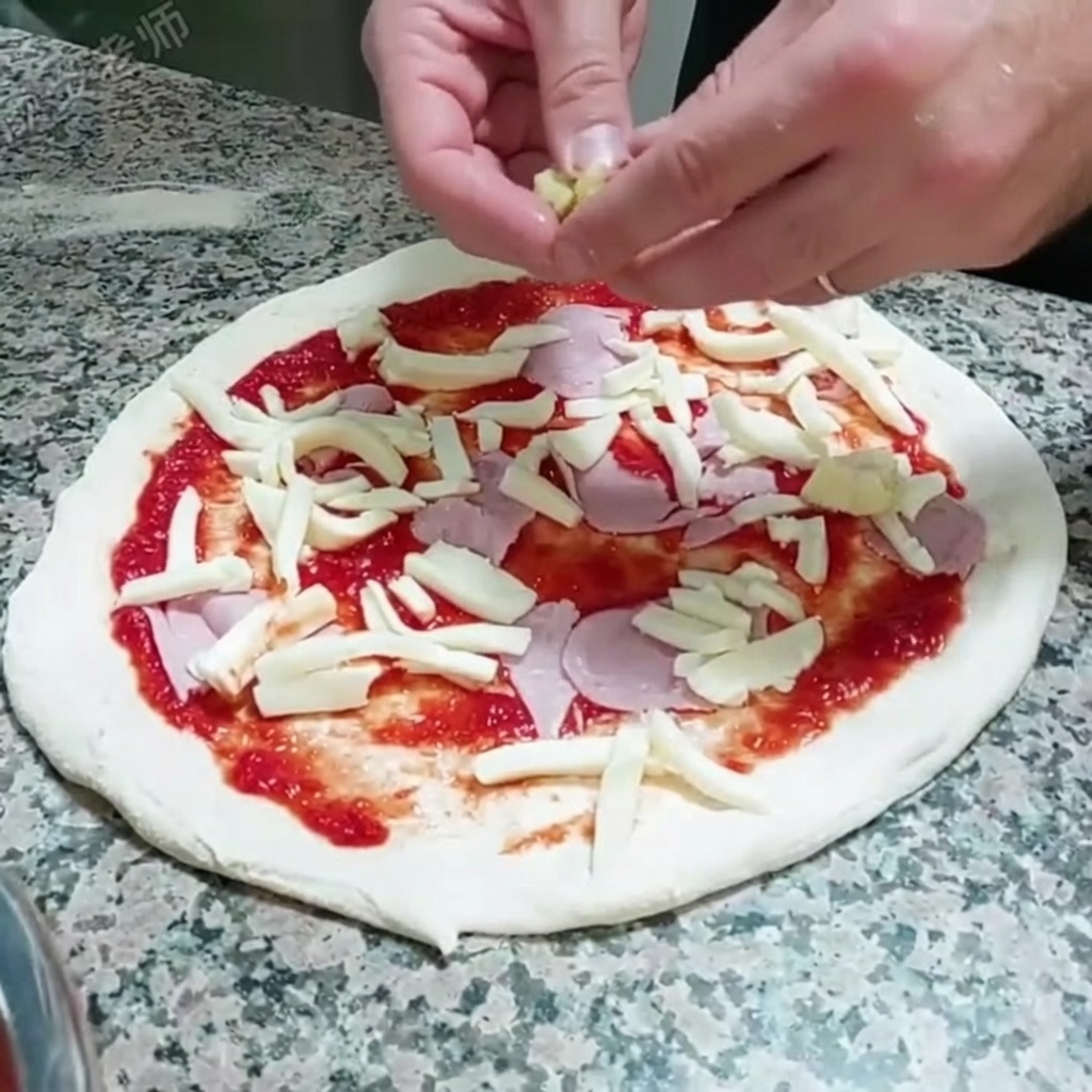 모짜렐라 치즈와 햄 위에 아티초크 하트 조각을 배치하는 모습.