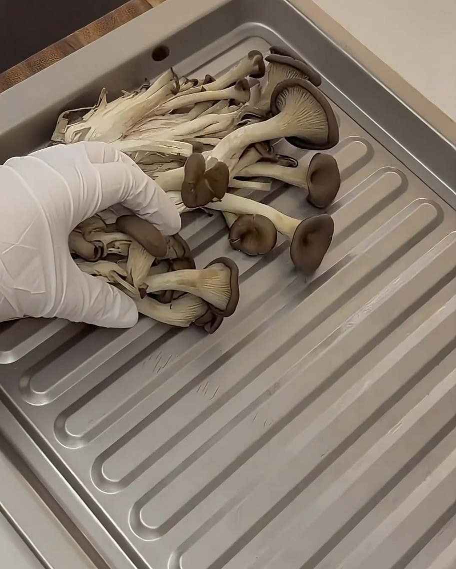 베이킹 트레이에 얇게 썬 버섯, 둥글게 썬 양파, 묵은지를 담는 모습.