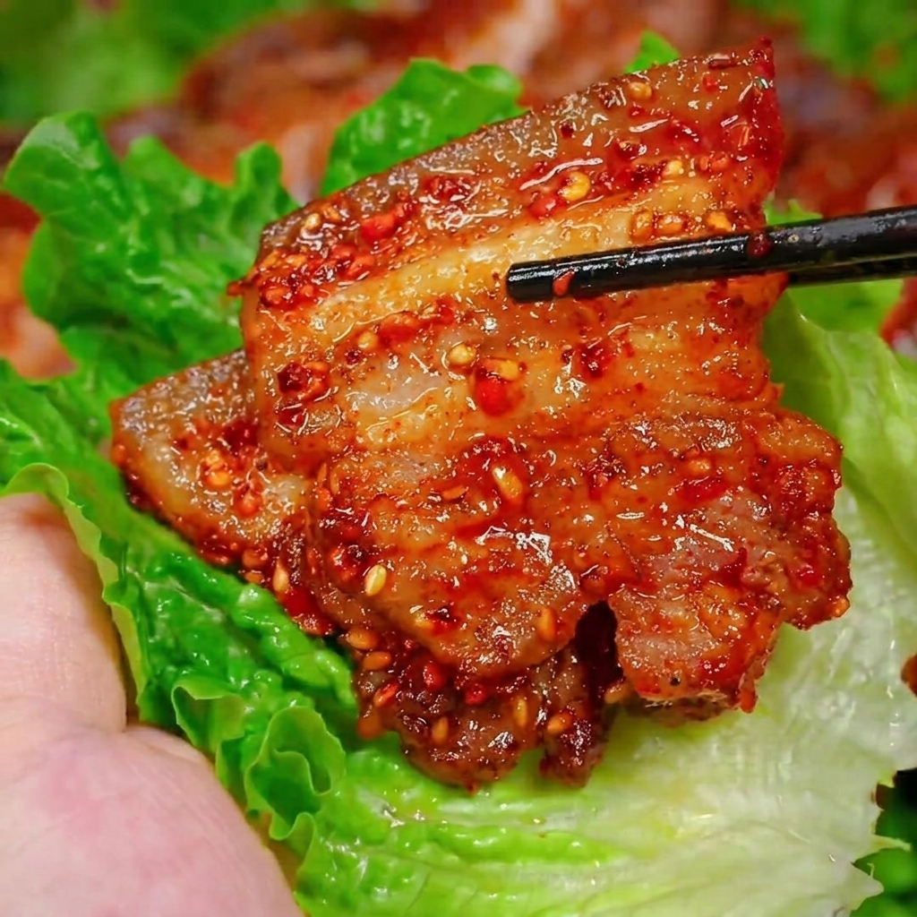 도마 위에 가지런히 놓인 신선한 삼겹살 슬라이스.