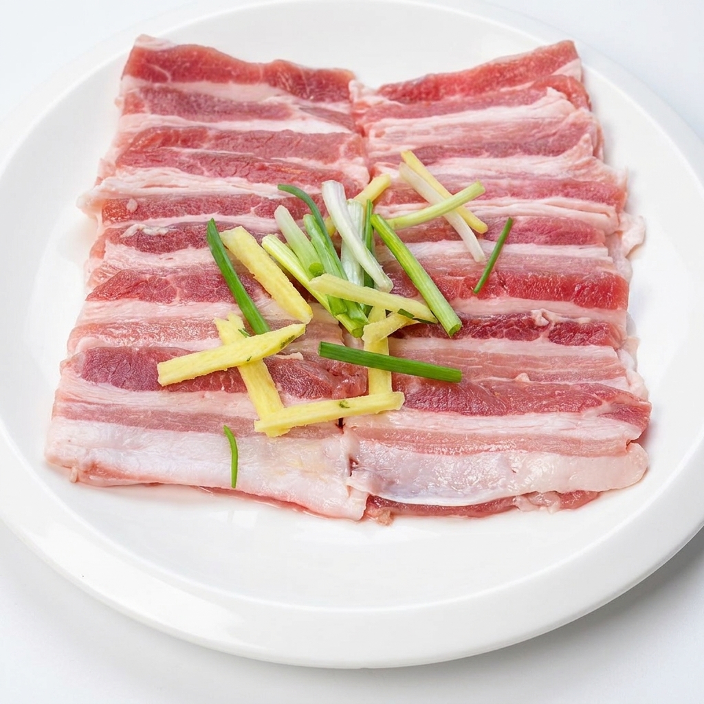 생강, 간장, 굴소스, 바비큐 시즈닝으로 양념된 삼겹살 접시.