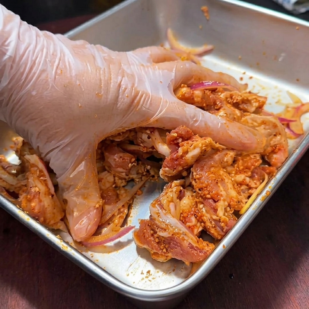 알루미늄 호일을 깐 오븐 팬 위에 가지런히 놓인 양념된 삼겹살.
