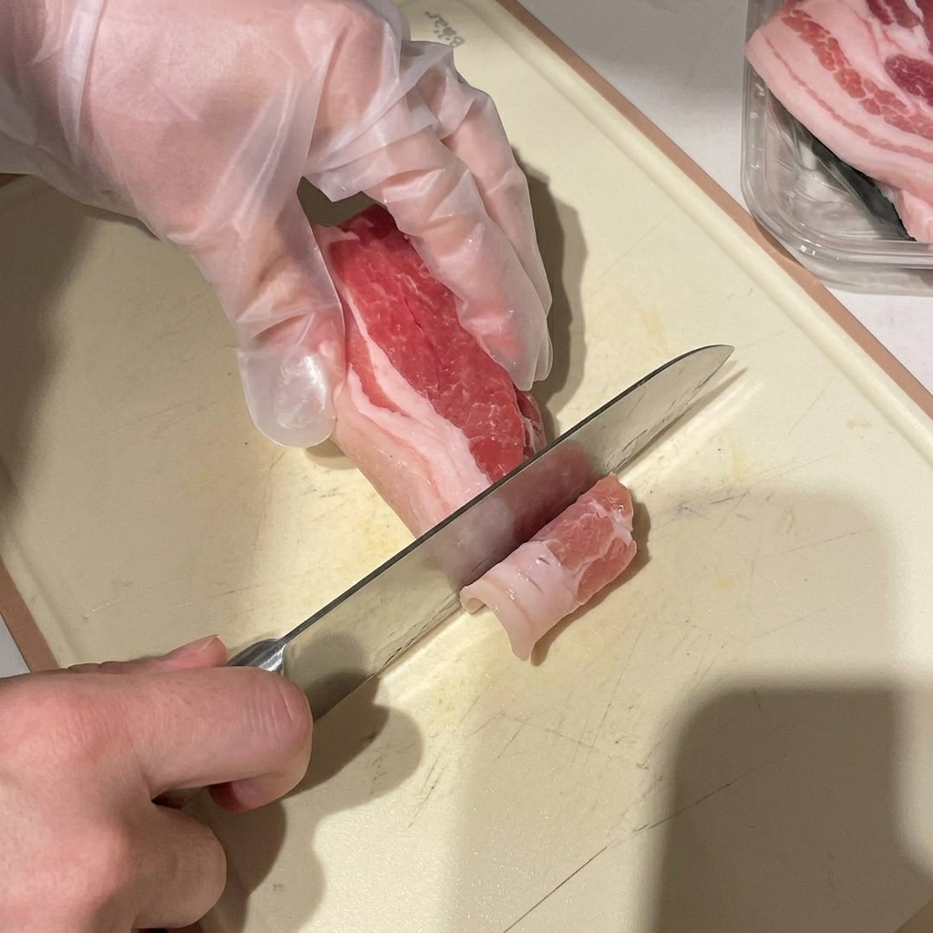 반쯤 얼린 삼겹살 덩어리를 도마 위에서 칼로 얇게 써는 모습.