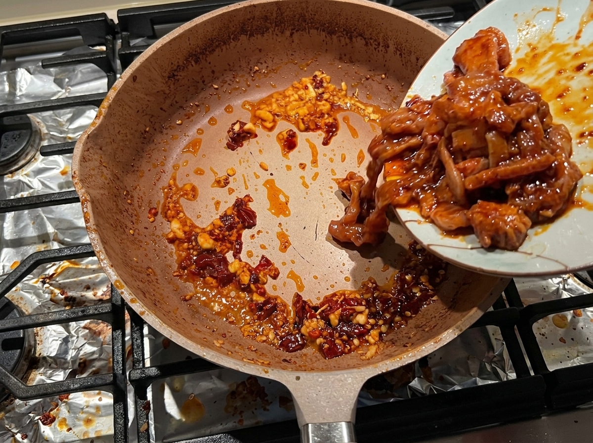 볶아둔 삼겹살과 채소를 넣고 센 불에서 빠르게 볶는 모습.