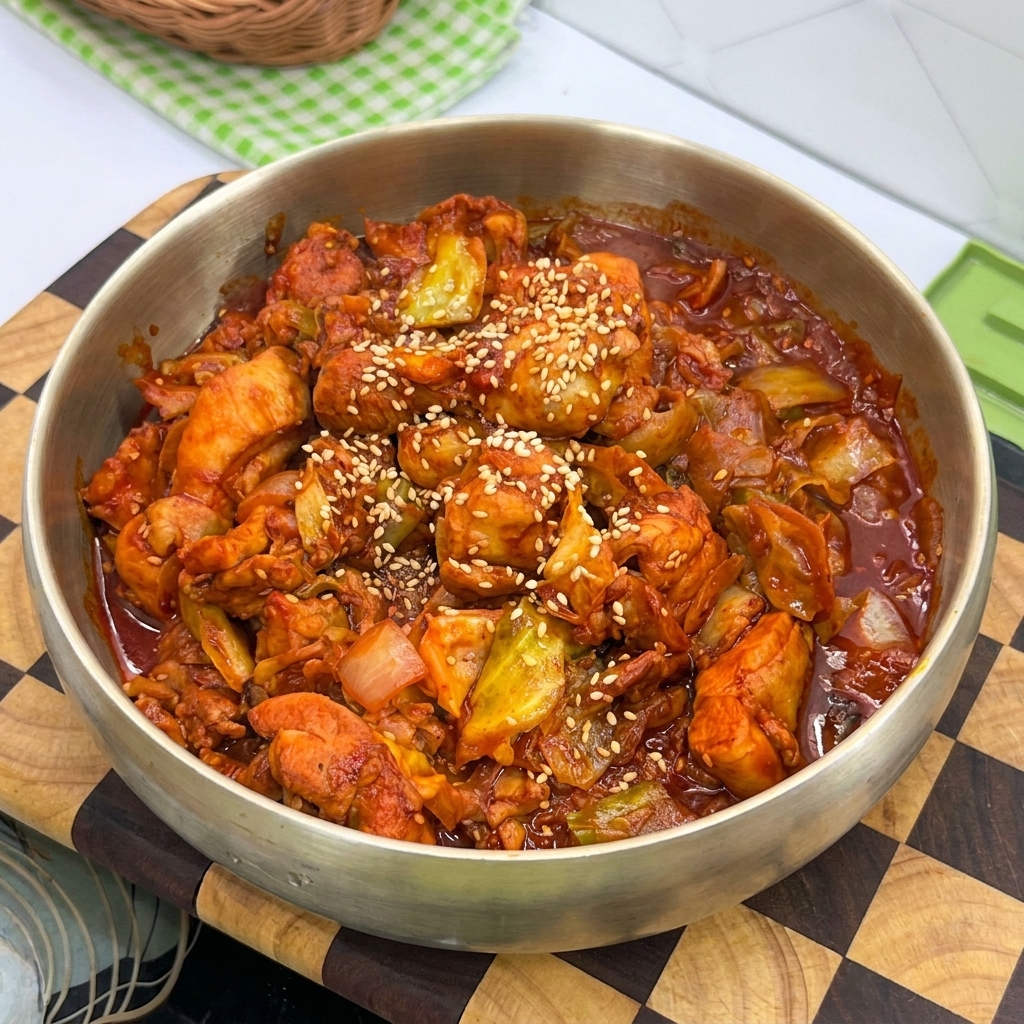 황동 팬에서 양념이 잘 배어든 닭갈비를 섞는 모습.