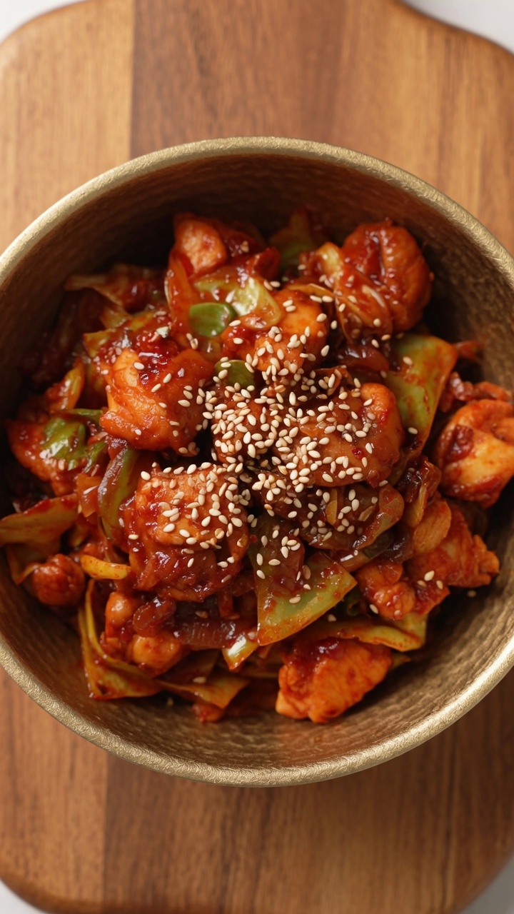 윤기가 흐르는 매콤한 닭갈비와 아삭한 양배추, 고소한 깨가 뿌려진 요리.