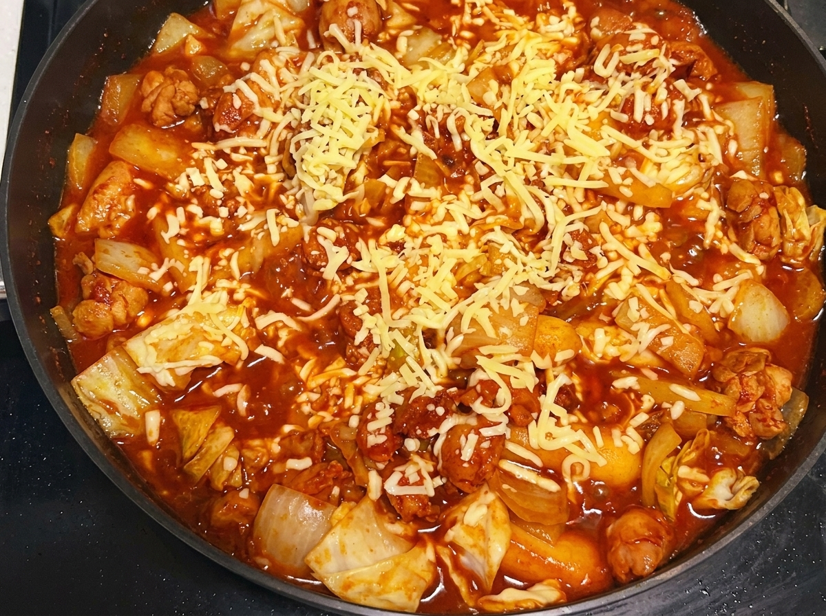 닭갈비 위에 모짜렐라 치즈가 녹아 있는 모습.
