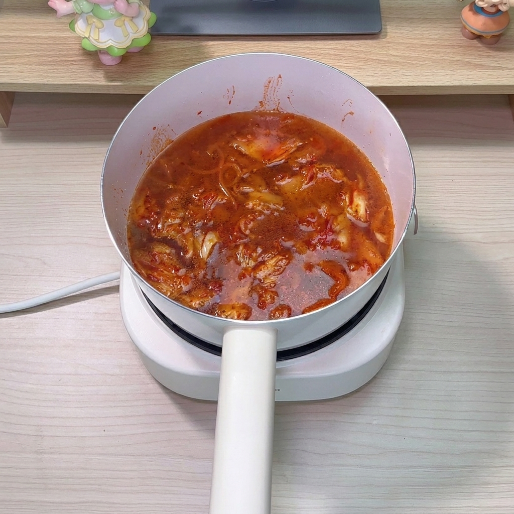 보글보글 끓는 국물에 진간장과 치킨스톡을 넣는 모습.