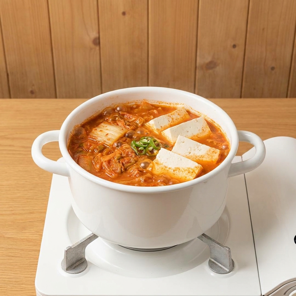 끓고 있는 찌개 위에 깍둑썰기한 두부와 신선한 숙주나물을 올리는 모습.