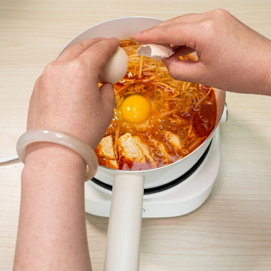 끓는 찌개 중앙에 달걀 하나를 깨뜨려 넣는 모습.