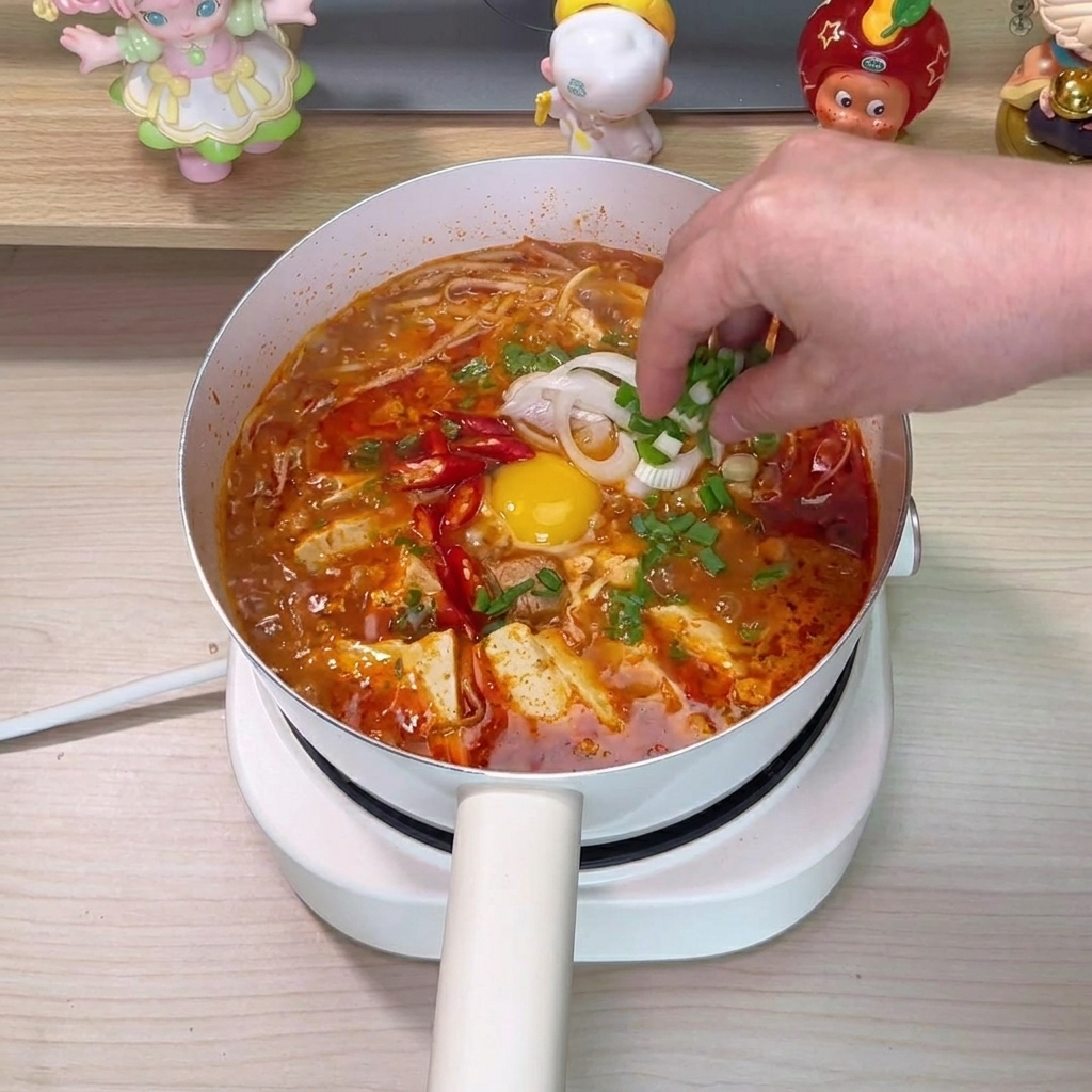 완성된 찌개 위에 송송 썬 대파를 뿌리는 모습.