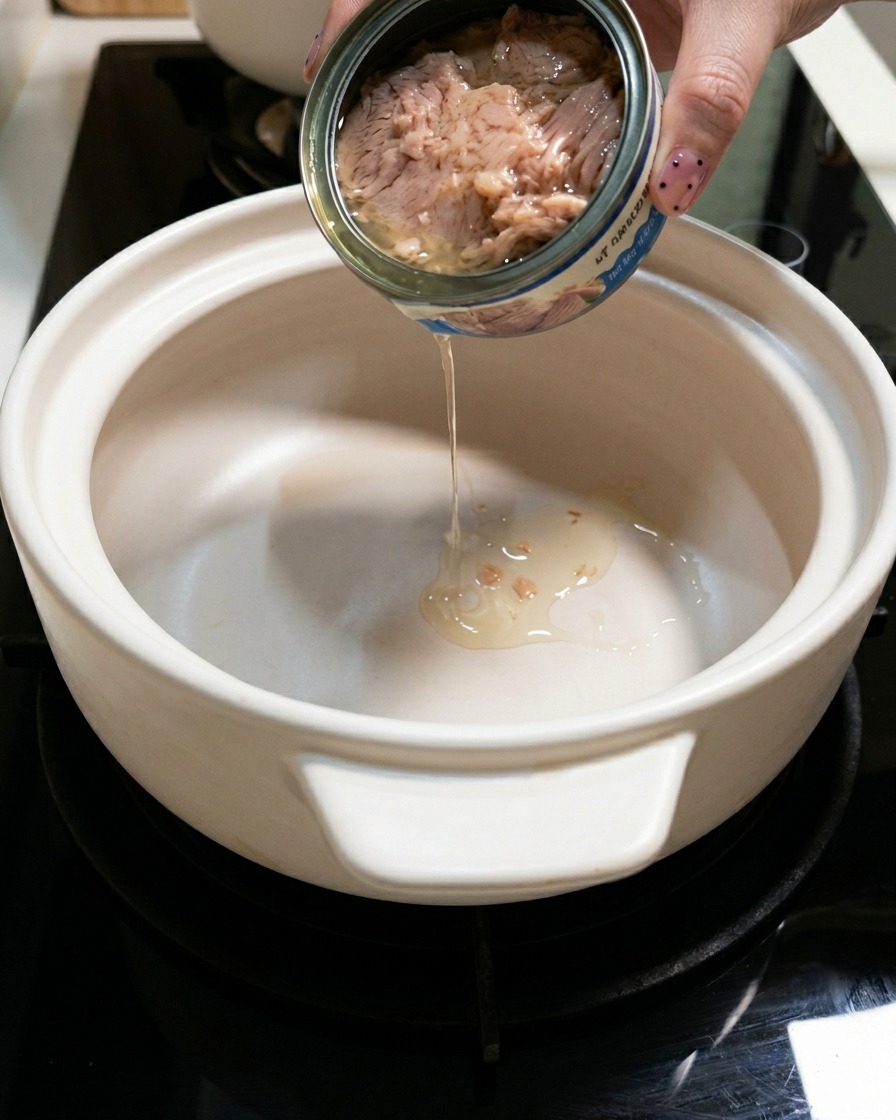 참치캔에서 기름을 흰색 냄비에 따라내는 모습.