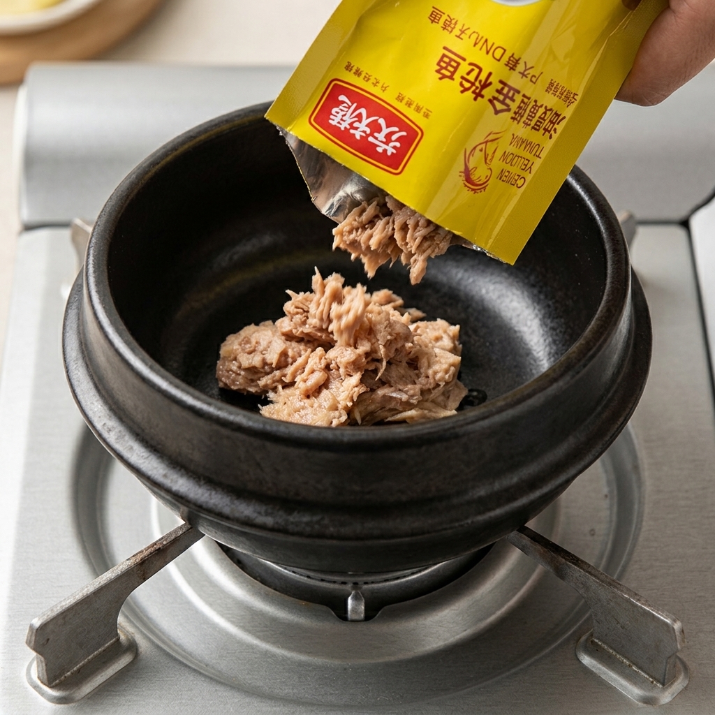 뚝배기에 참치와 김치를 넣고 볶는 모습.