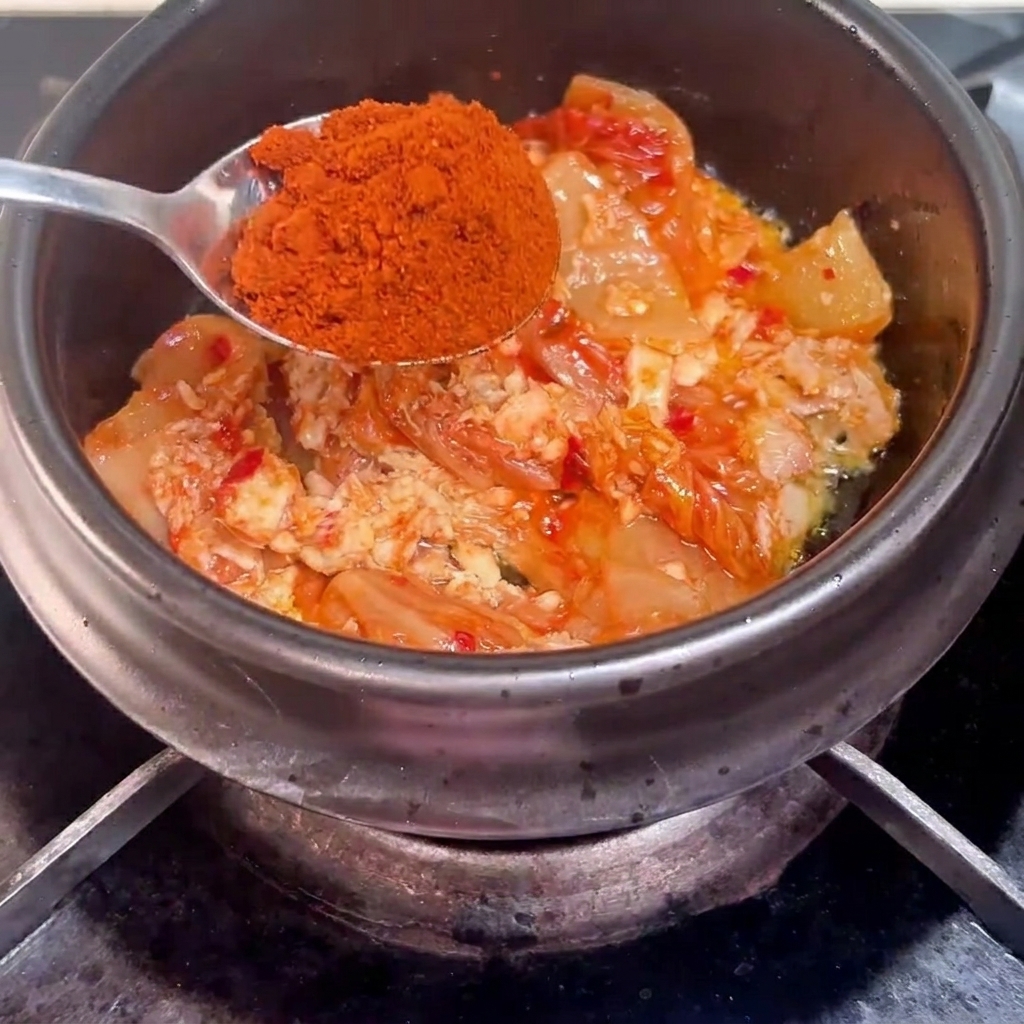 뚝배기에서 참치와 김치를 나무 주걱으로 고루 볶는 모습.