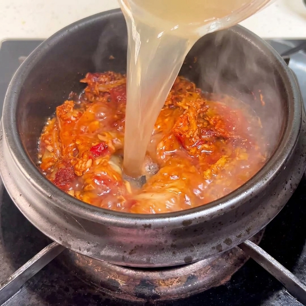 뚝배기에 육수를 붓는 모습.