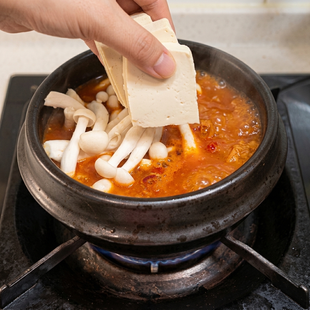 끓는 찌개에 썬 두부를 넣는 모습.