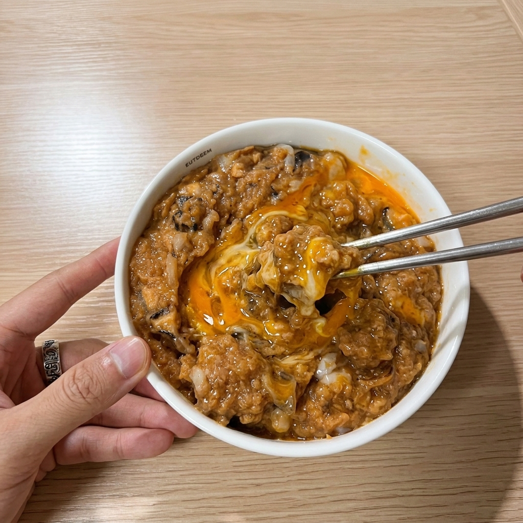 양념된 고기 반죽에 달걀을 깨 넣고 스테인리스 젓가락으로 젓는 모습.