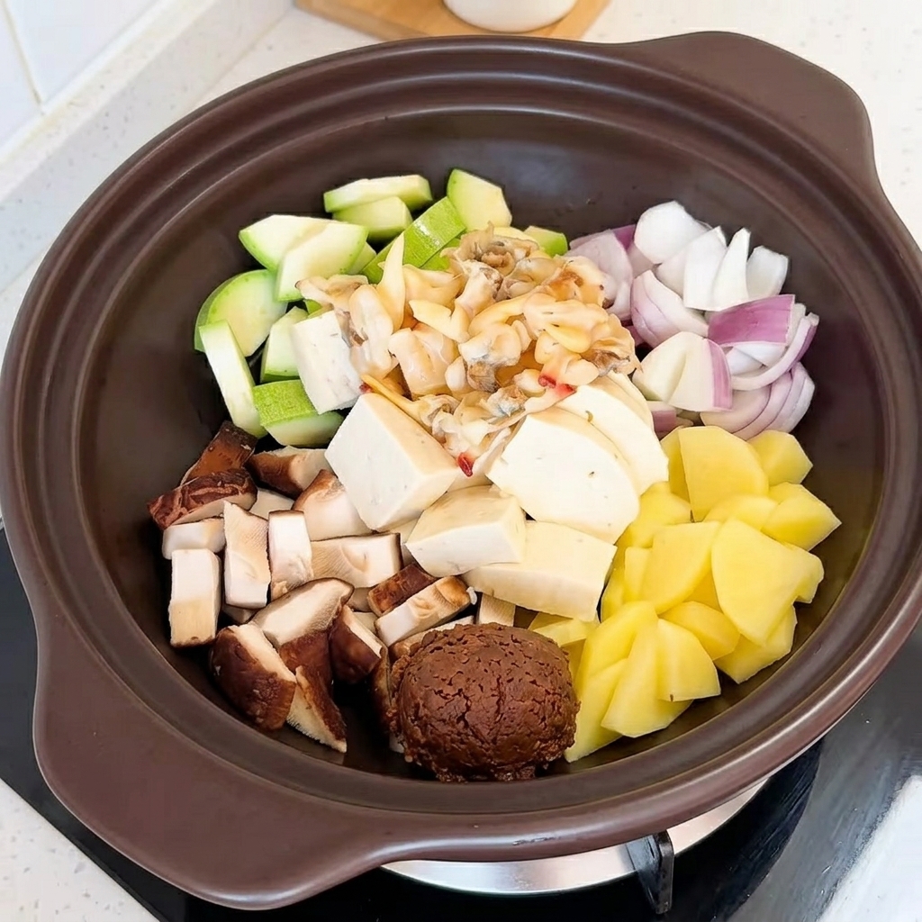 채소가 담긴 뚝배기 중앙에 된장 한 큰술을 넣는 모습.
