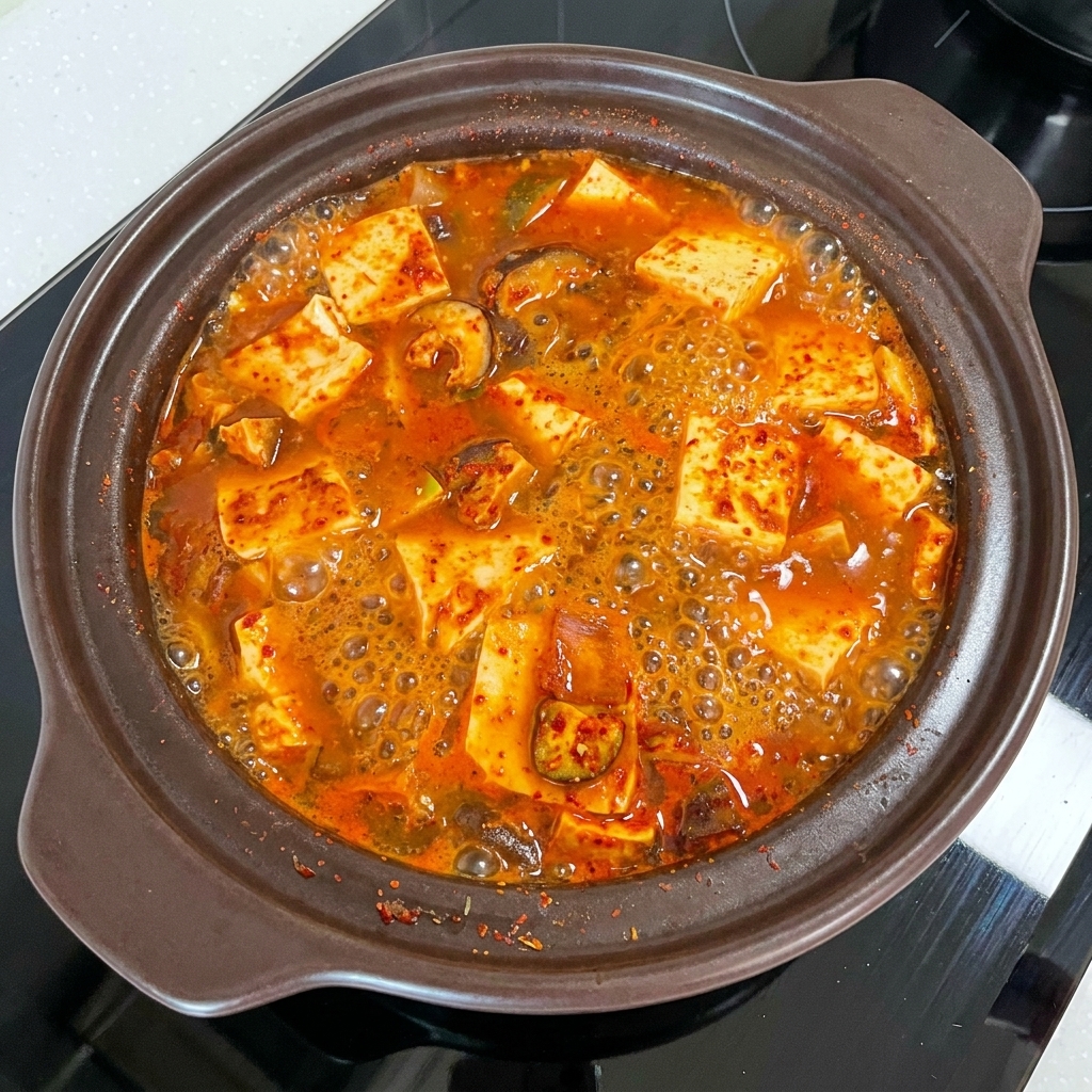 보글보글 끓는 된장찌개에 청경채와 고추 슬라이스를 넣는 모습.