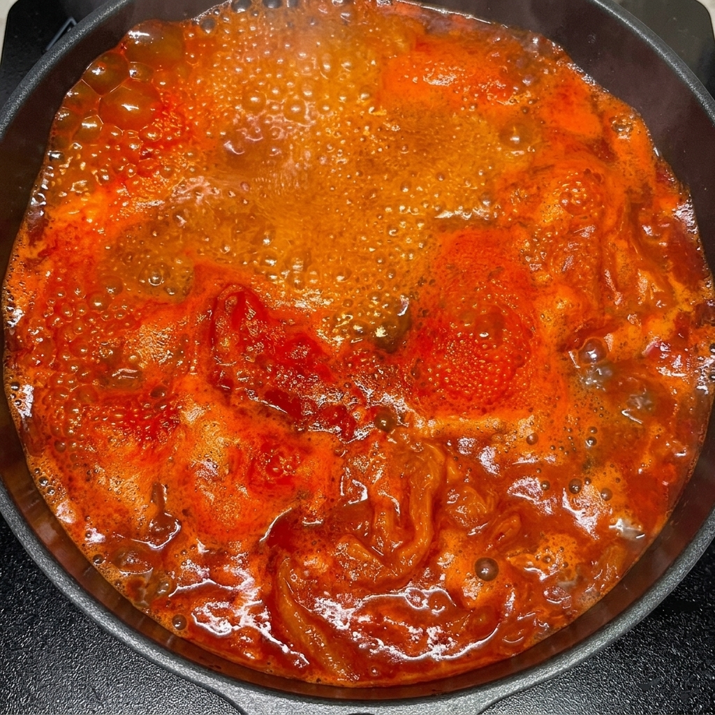 끓는 육수에 숙주와 팽이버섯을 넣는 모습.