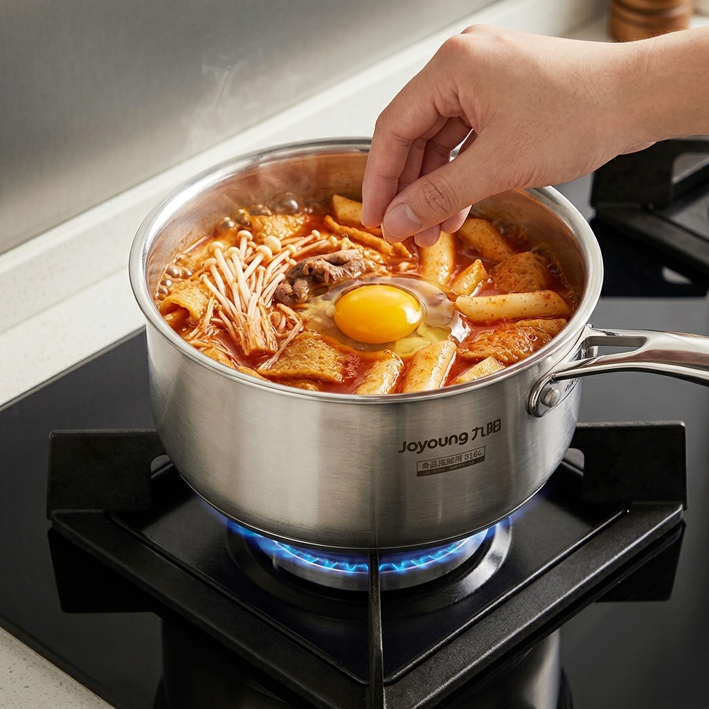 끓는 찌개 중앙에 날계란을 깨뜨려 넣는 모습