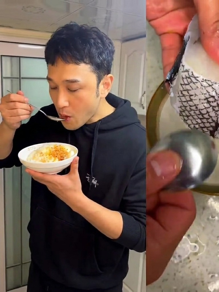 흐르는 물에 숟가락으로 대구 살의 비늘을 긁어내는 모습