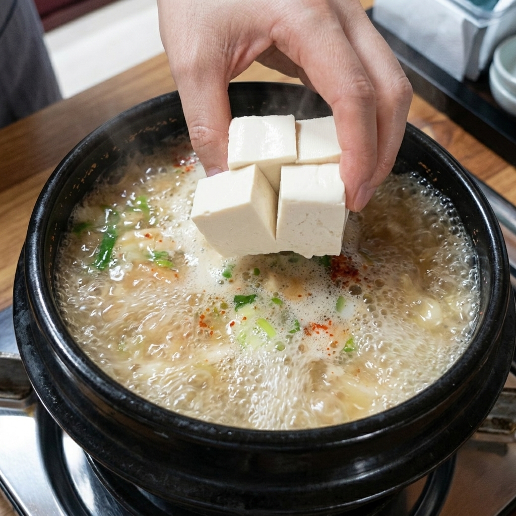 보글보글 끓는 된장찌개에 부드러운 두부 조각을 조심스럽게 넣는 모습.
