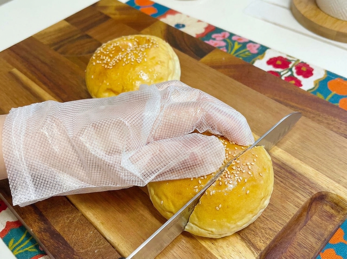 도마 위에 놓인 반으로 자른 햄버거 빵.