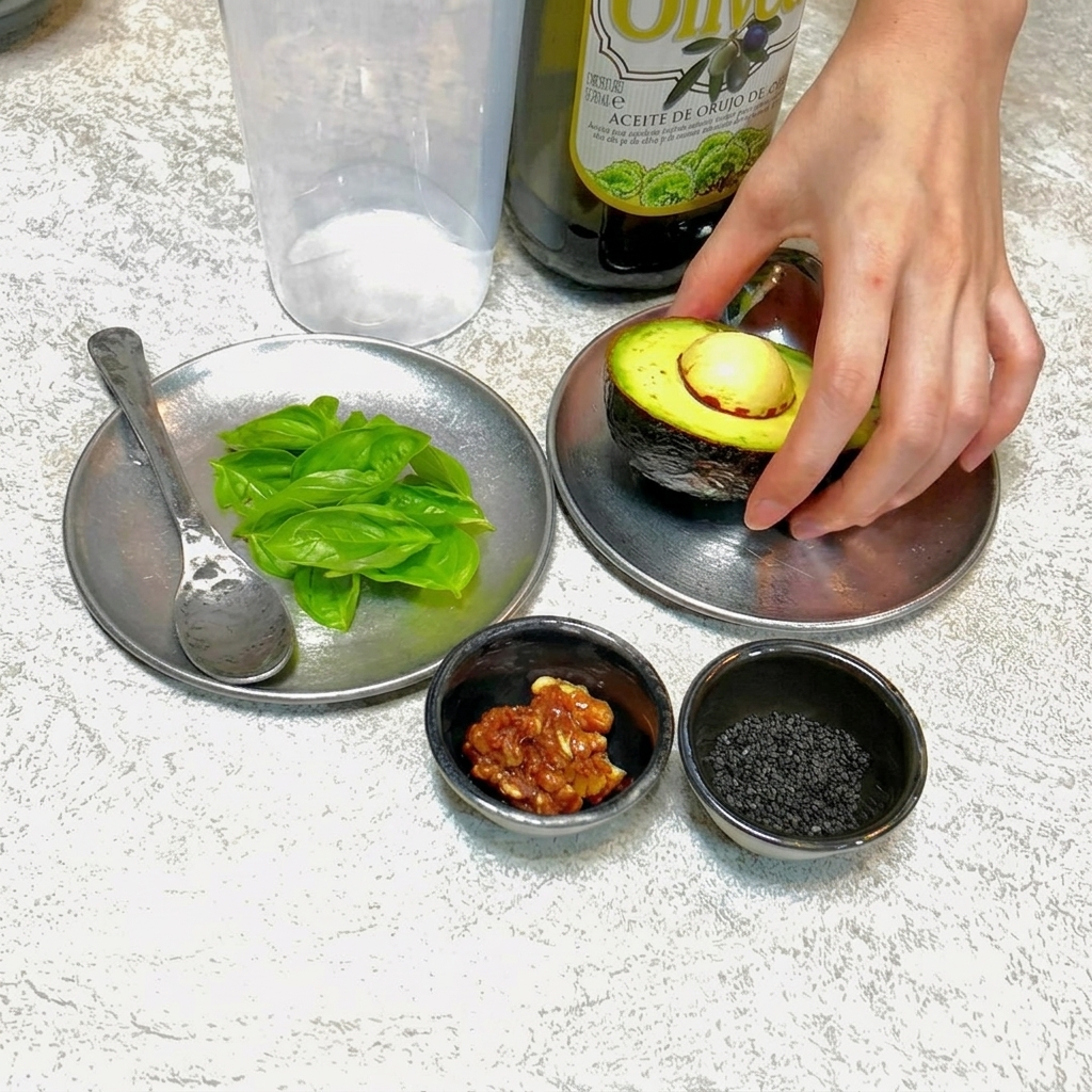 믹서기에 아보카도, 바질, 호두 등 소스 재료가 담겨 있어 곱게 갈기 직전의 모습.
