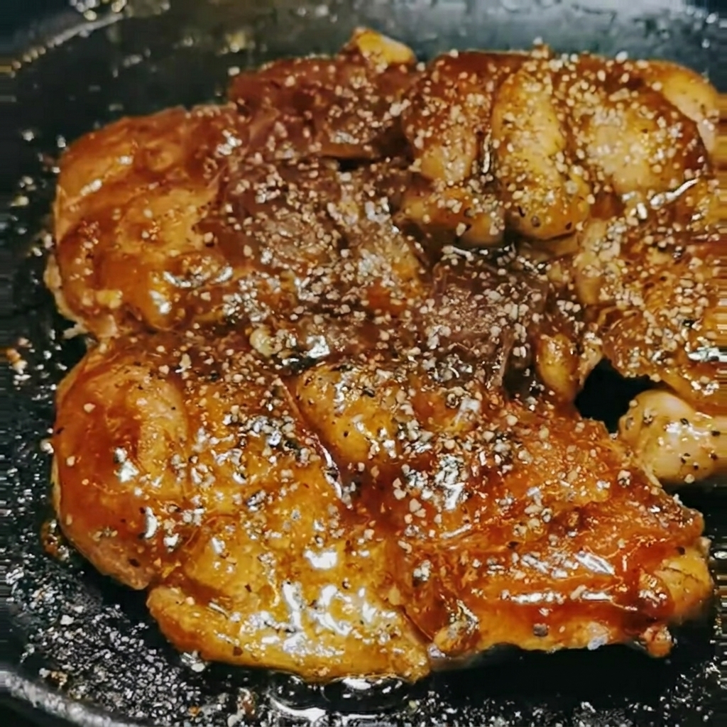 팬에서 잘 익은 데리야끼 치킨 위에 후추를 뿌리는 모습.