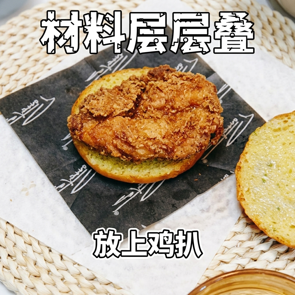 토스트한 번 아래쪽에 잘 익은 데리야끼 치킨을 올리는 모습.