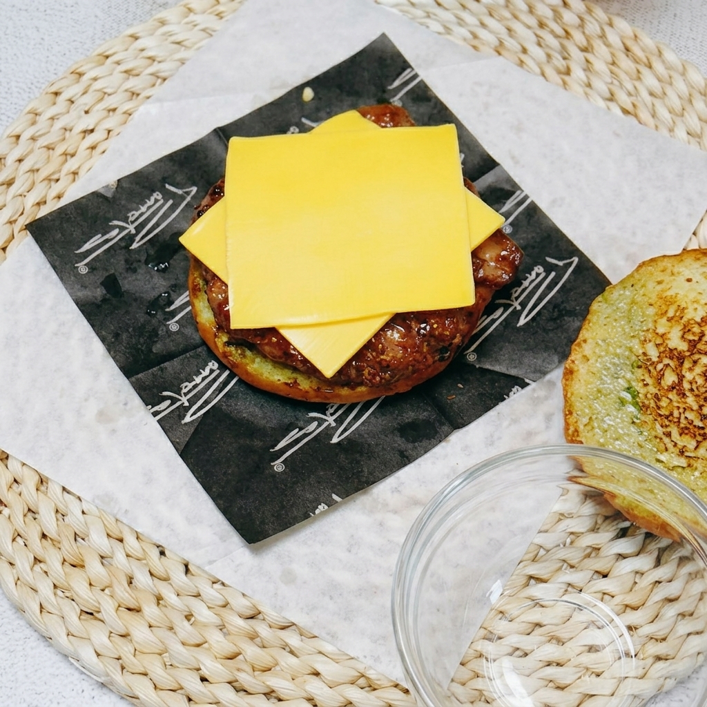 치킨 위에 치즈, 오이, 피클, 계란 후라이, 토마토 순으로 차곡차곡 쌓아 올리는 모습.