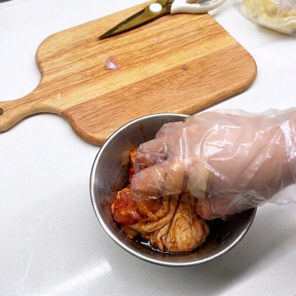장갑 낀 손으로 볼 안의 닭고기와 양념을 고루 섞는 모습.
