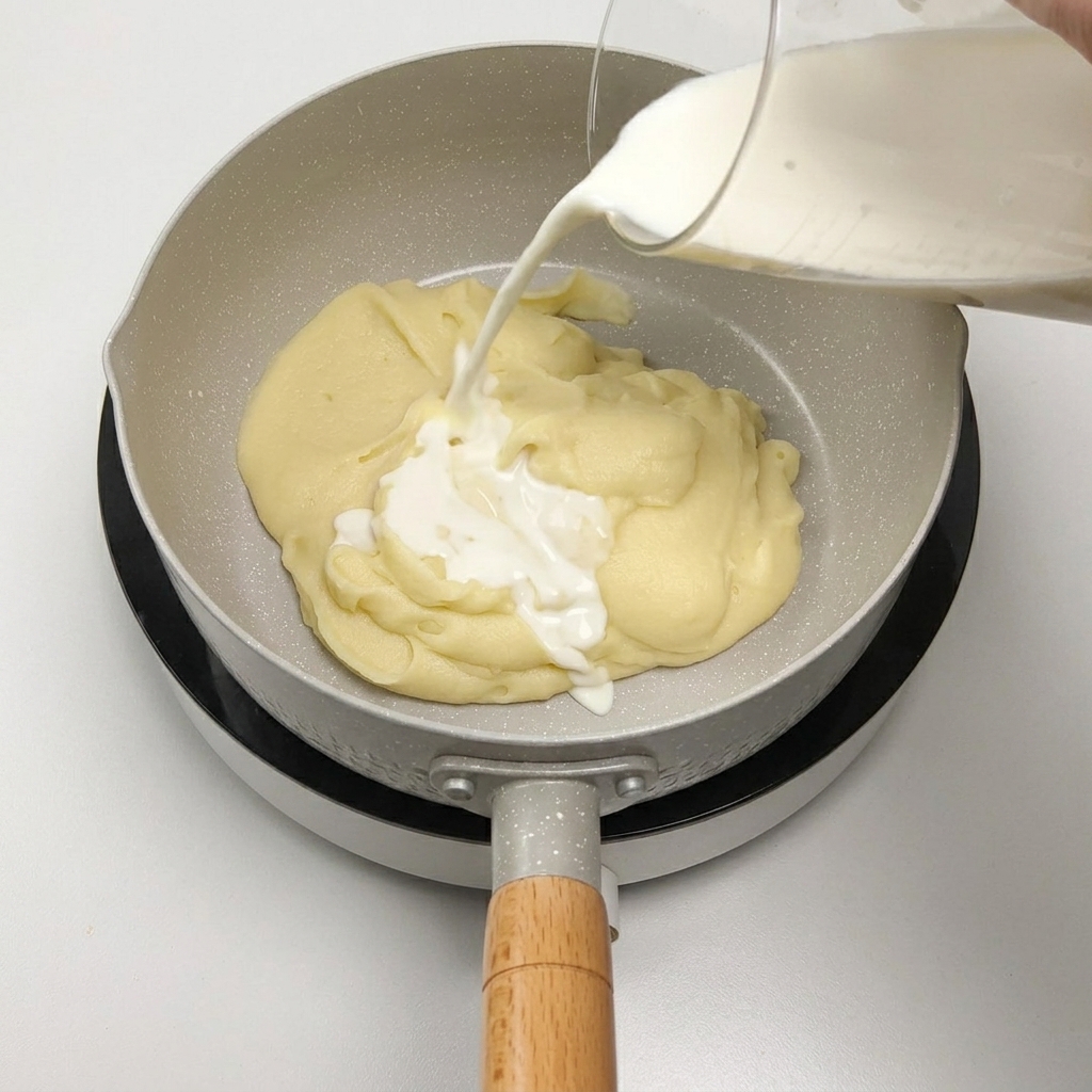 밝은 색 냄비에 닭고기와 향신채가 있는 상태에서 화이트 와인과 뜨거운 물을 붓는 근접 촬영.