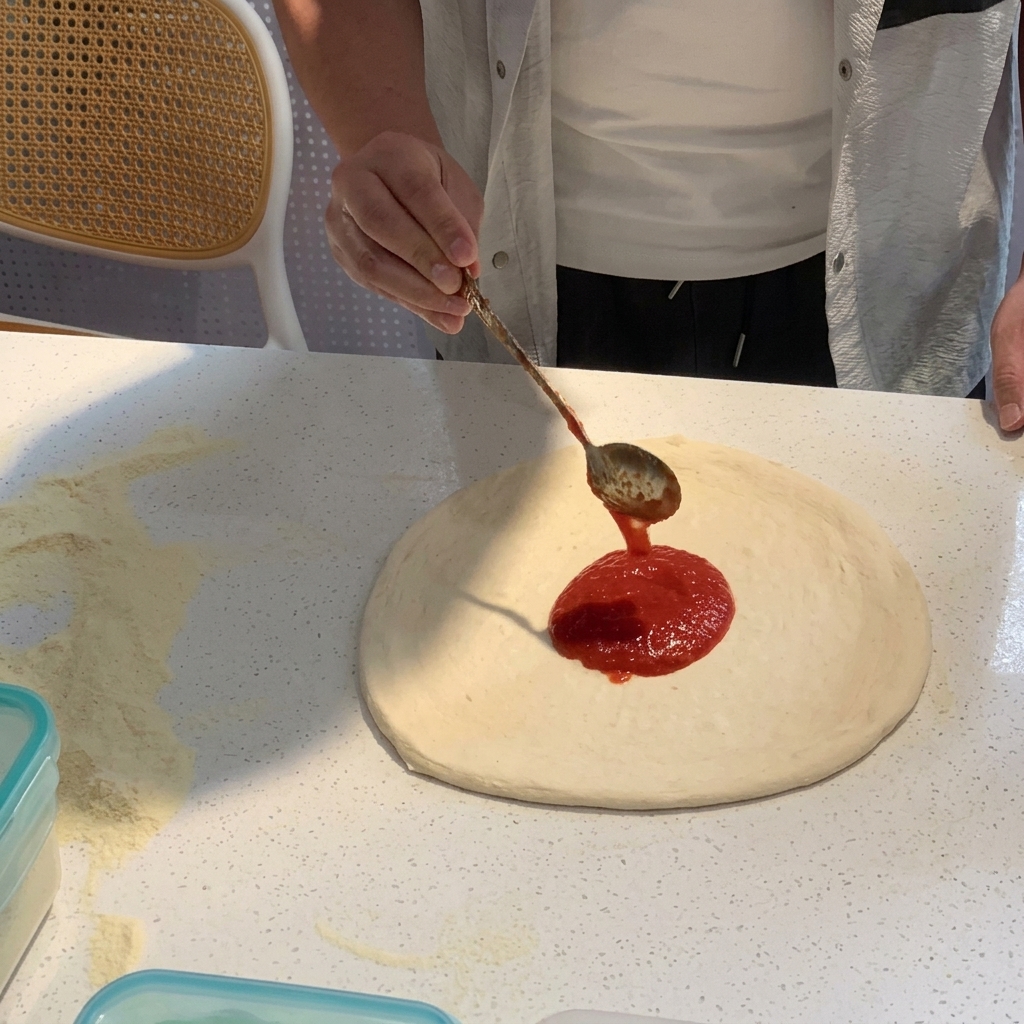숟가락으로 피자 도우 위에 토마토 소스를 둥글게 펴 바르는 모습.