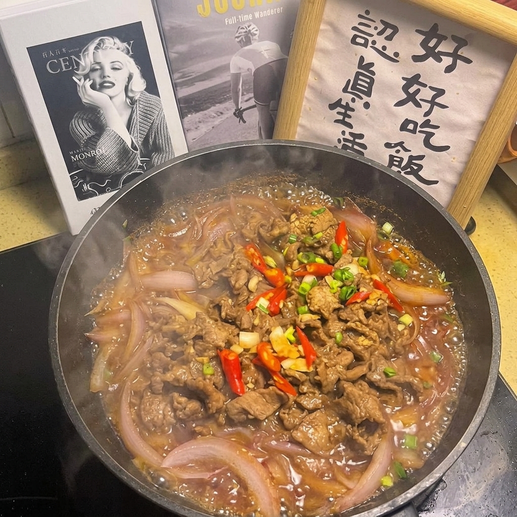 완성된 양파 소고기 찜 위에 대파 고명을 올린 모습.