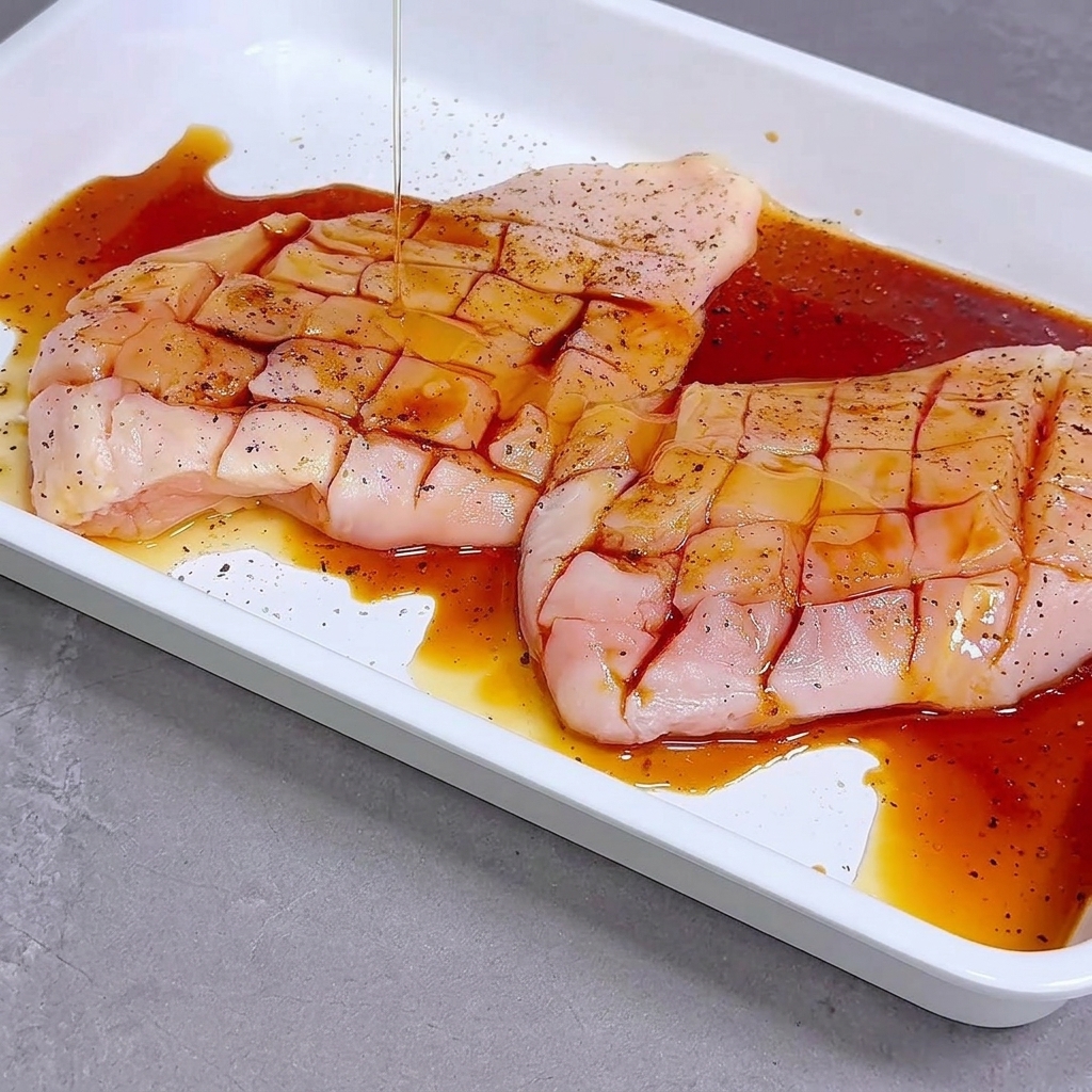 흰색 트레이에 담긴 칼집 낸 생닭가슴살 위로 어두운색의 마리네이드 액체를 붓는 모습.