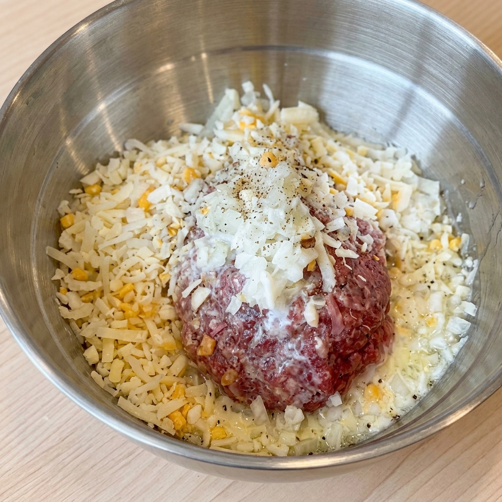 고기 반죽 위에 치즈, 후추, 소금을 올린 모습.