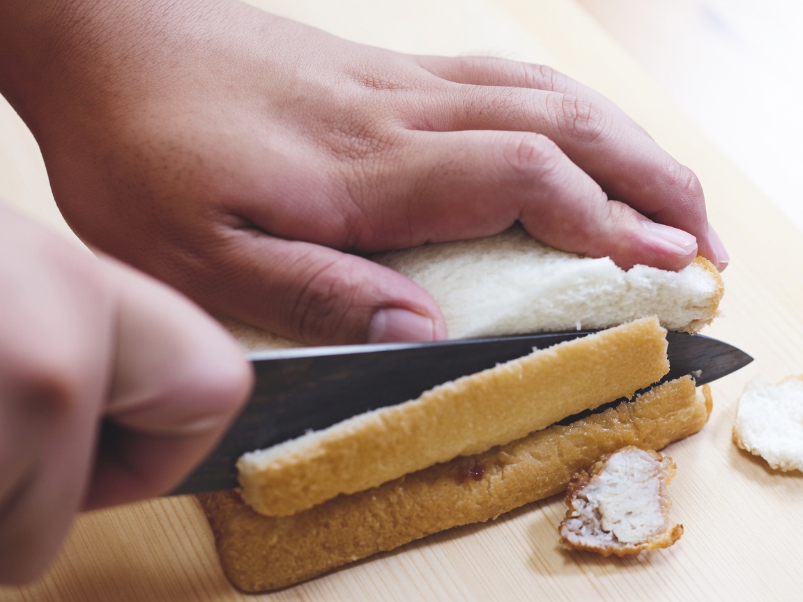 칼로 샌드위치의 테두리를 깔끔하게 자르는 모습.