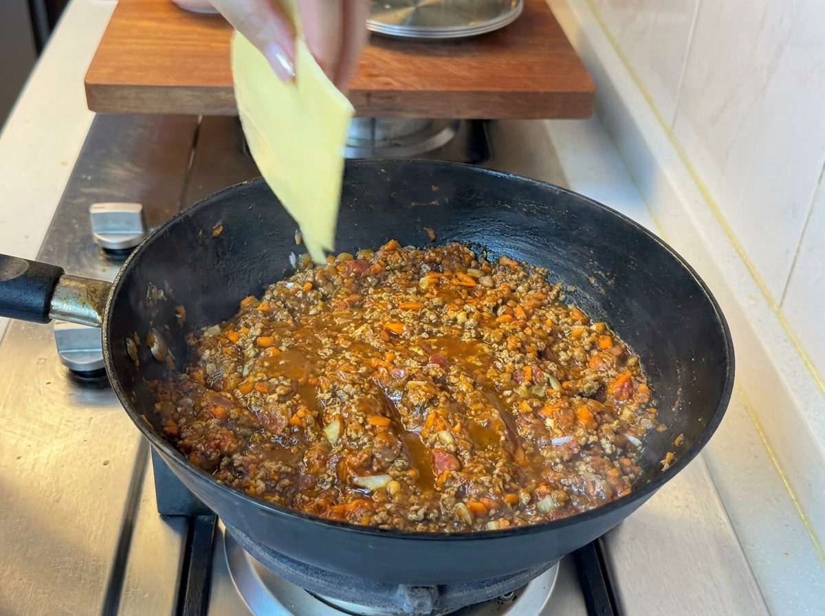 팬 안에서 소고기 토마토 소스와 함께 녹아내리는 치즈 슬라이스.