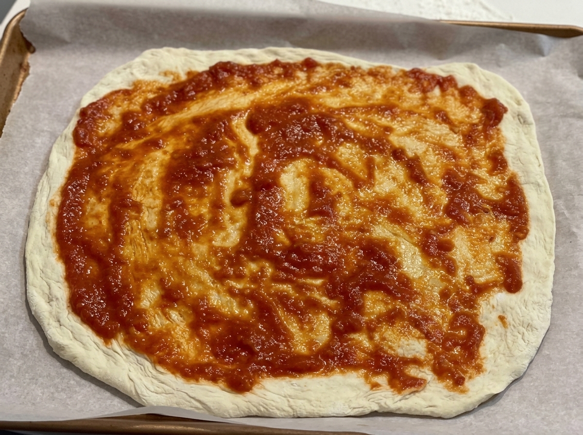 숟가락으로 피자 도우 위에 토마토 소스를 골고루 펴 바르는 모습.
