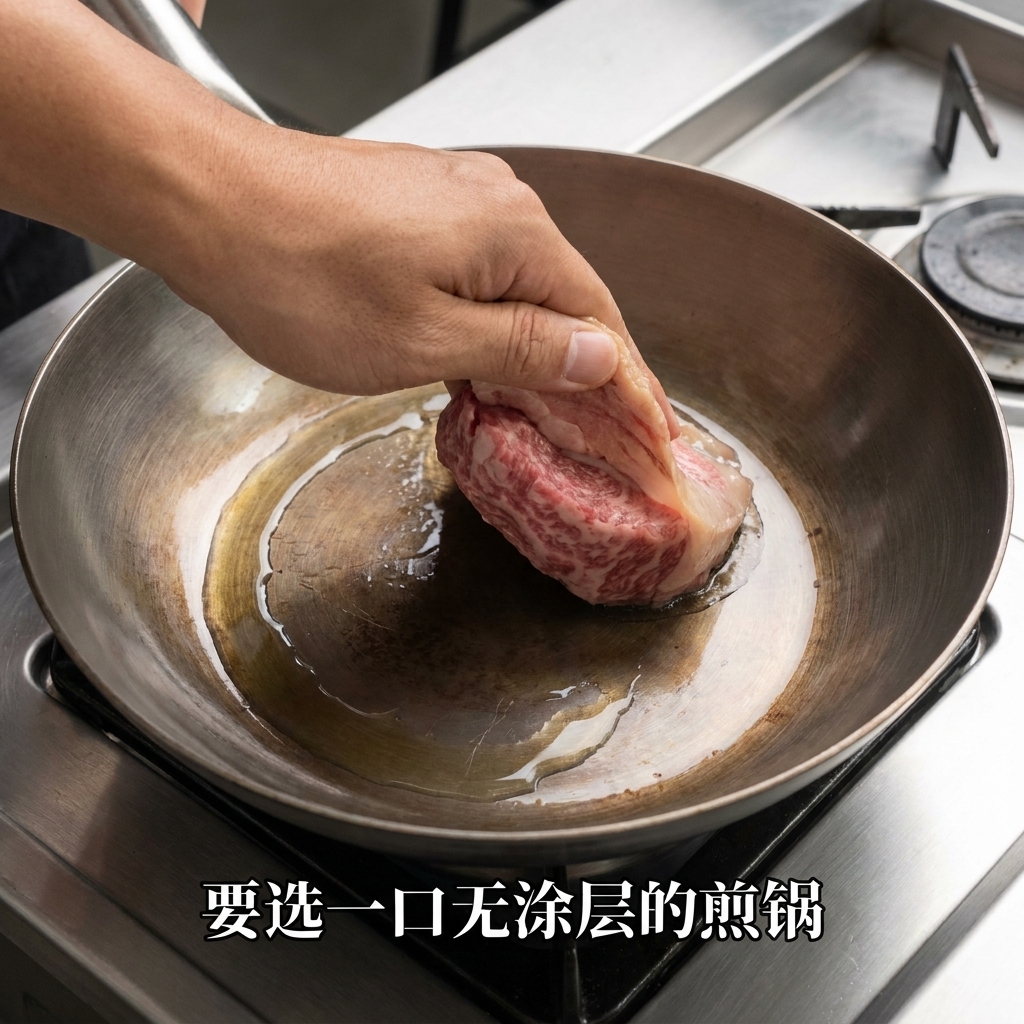 기름을 두르고 예열한 프라이팬에 차가운 햄버거 패티를 올리는 모습.
