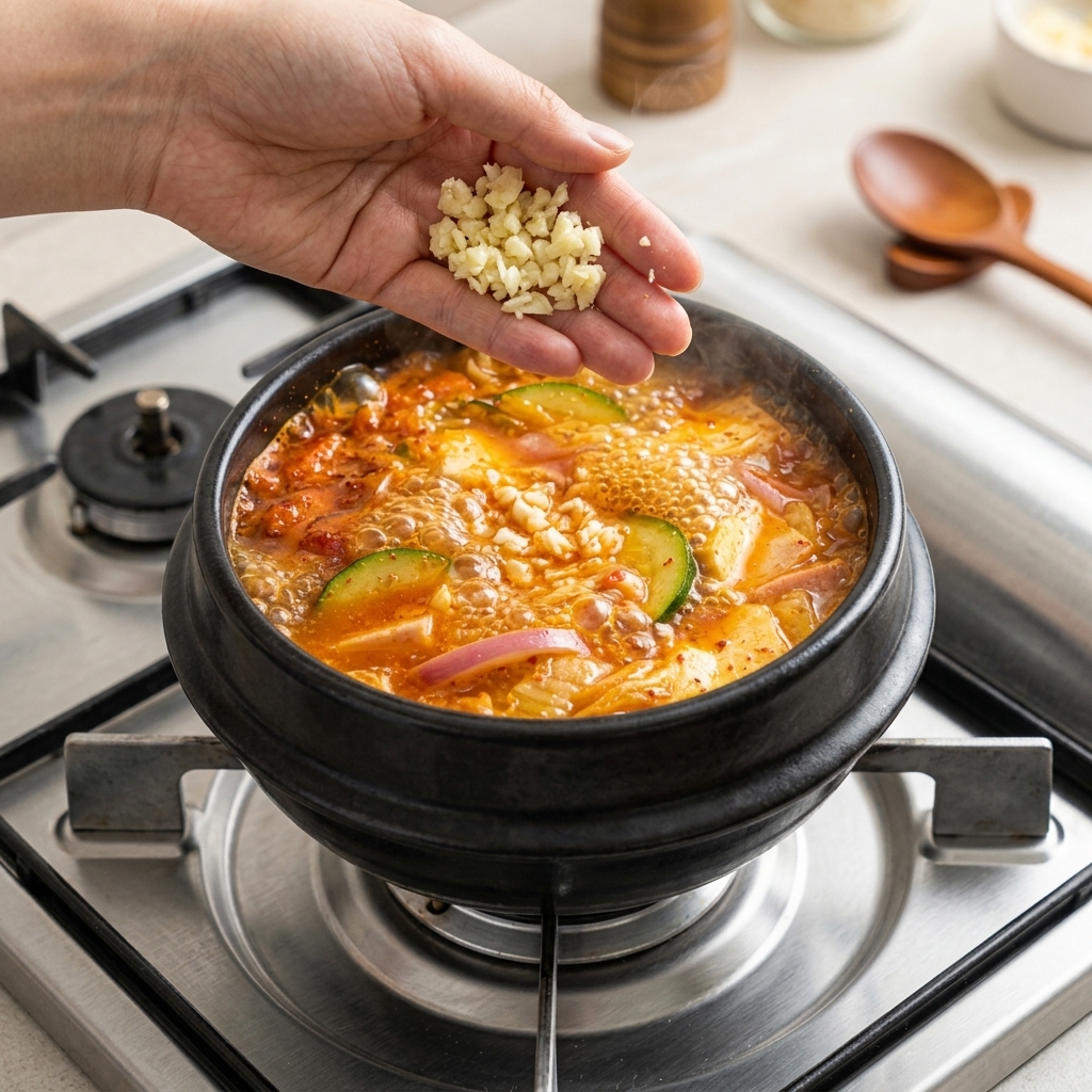 다진 마늘을 찌개에 넣는 모습.